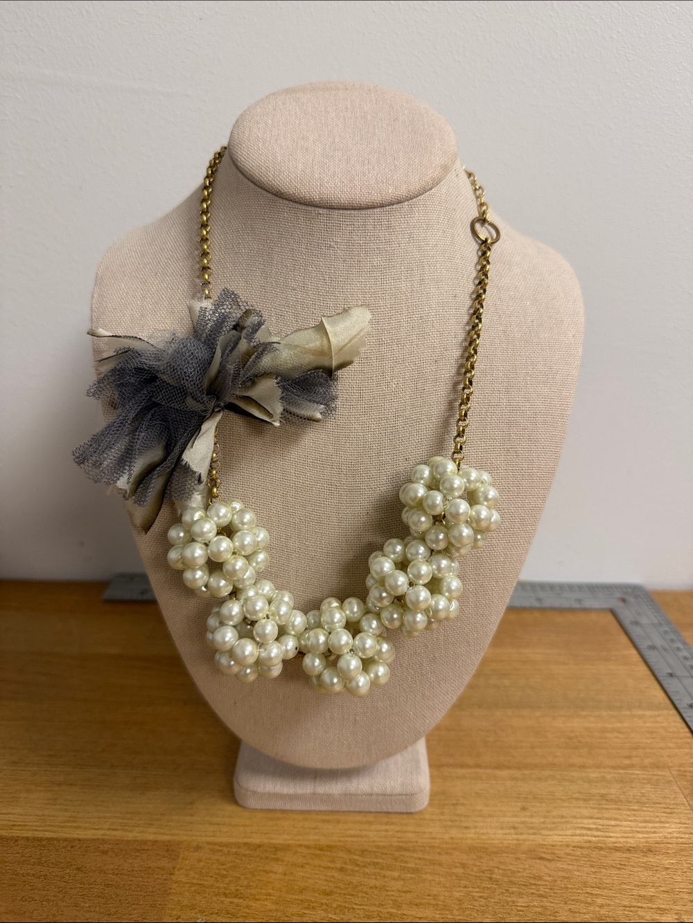 Lenora Dame faux pearl circle statement 3d gold tone necklace with tulle bow